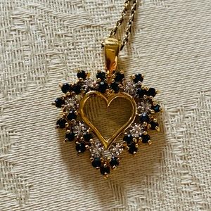Like New Heart Pendant with Diamonds and Blue Sapphires. 18” Necklace.